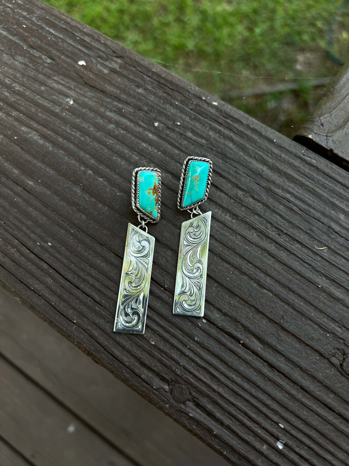 Engraved Turquoise Dangle Stud Earrings