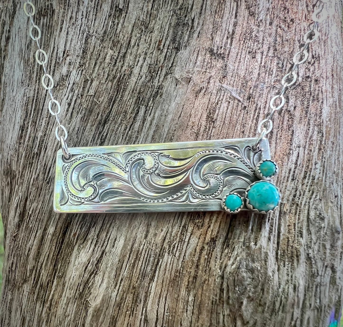 Sterling Silver and Turquoise engraved bar necklace