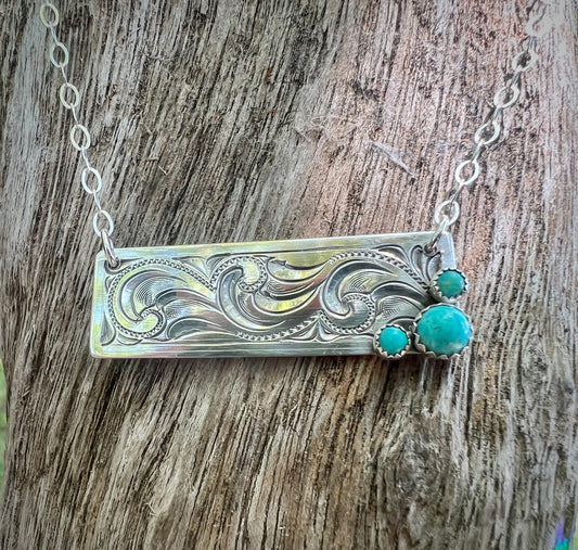 Sterling Silver and Turquoise engraved bar necklace