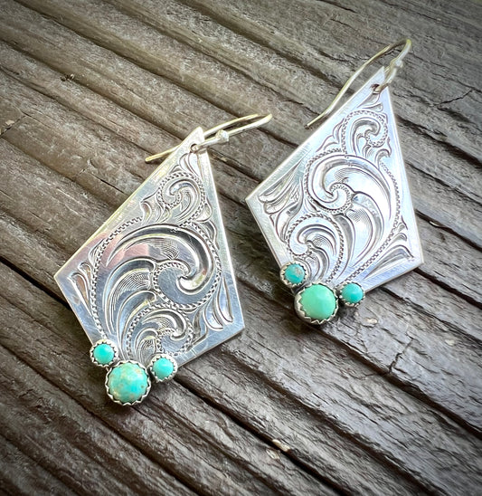 Sterling and Turquoise Engraved Earrings